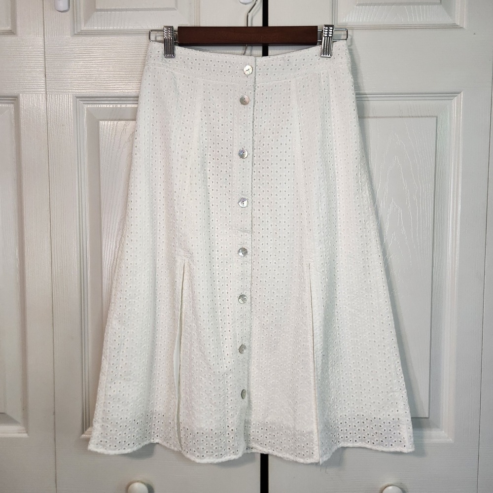 Avec Les Filles White Eyelet Lace Button Front Midi Skirt NWT XS CEB60081-100